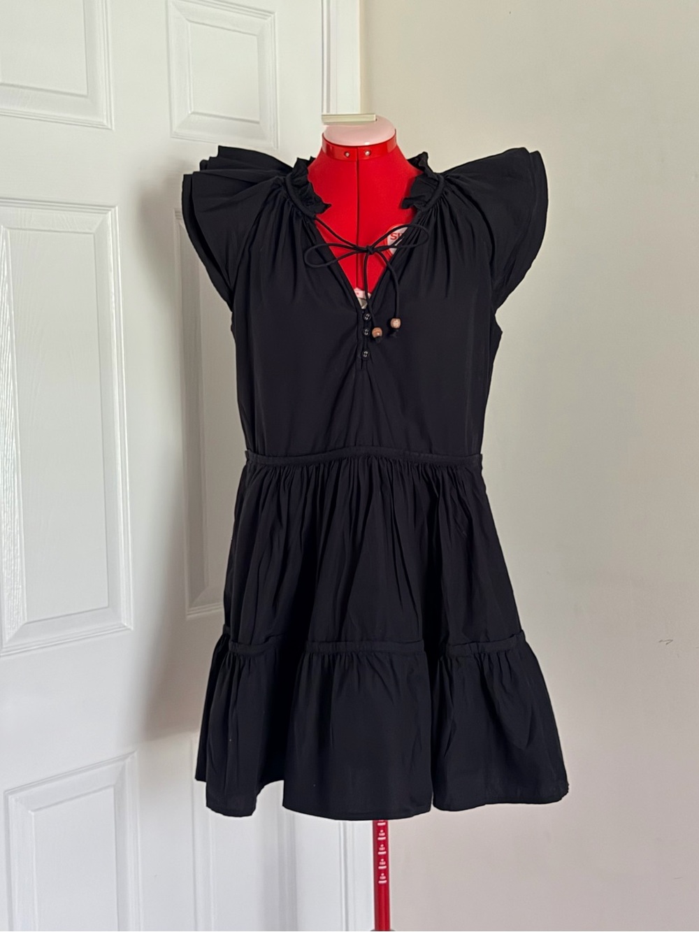 $258 Anna Cate Tuckernuck Aimee Poplin Mini Dress Black Tiered Ruffle Cotton S-M
